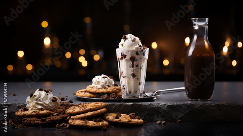Coffee mocha milkshake with cookies and cream Ice cream and chocolate cookies make a sweet latte cocktail. Vanilla ice cream and spoon on gray concrete table photo