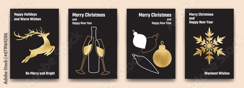 Set of New Year and Christmas greeting card templates. Modern design with gold foil Christmas elements on black background for web banner, party invitations, posters, flyers, social media.