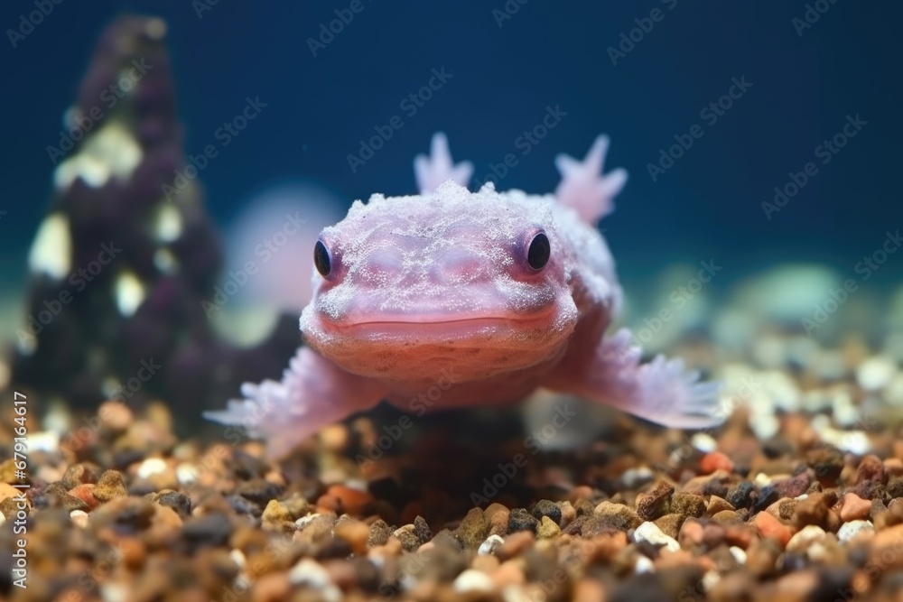 an axolotl partially submerged, resting on aquarium gravel Stock Photo Adobe Stock