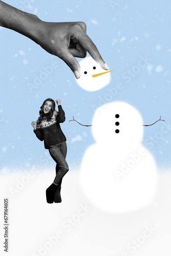 Artwork template collage of funny lucky excited lady building xmas snowman isolated blue white color background