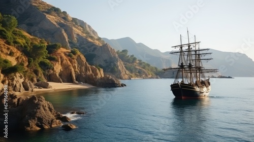 Fényképezés Pirate ship drifts on azure sea during calm arriving to coast