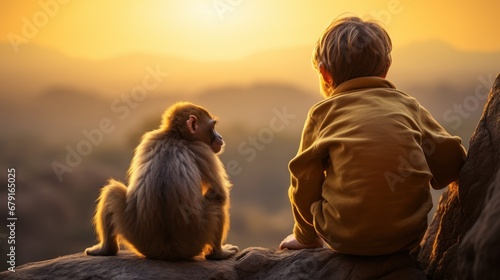photo of a small monkey macaque with a boy of six years old, looking at the sky and landscape, with his back to the camera. concept of friendship between animals and humans photo