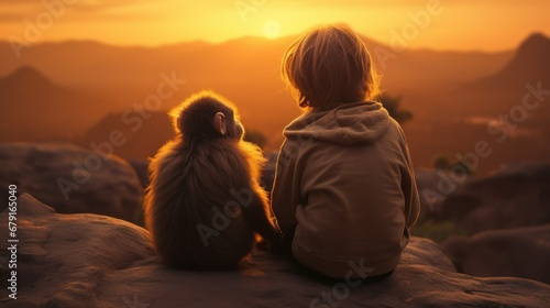 photo of a small monkey macaque with a boy of six years old, looking at the sky and landscape, with his back to the camera. concept of friendship between animals and humans