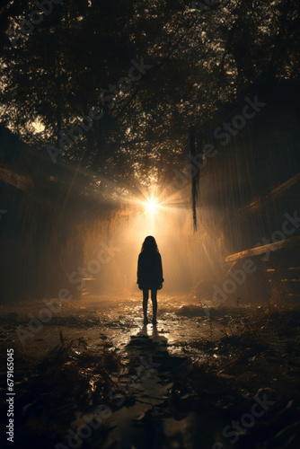 A terrifying scene of a little girl in front of a strong light at night in the middle of the fog