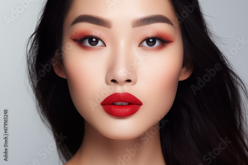 Wallpaper Mural Beautiful asian woman with red lips perfect make up. Close up portrait on the grey background Torontodigital.ca