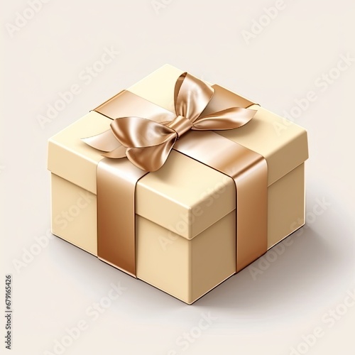 Beige gift box with golden ribbon and bow on a light background.