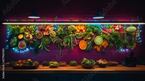 A neon-lit veggie wrap on a modern wall, the vibrant lights emphasizing the freshness of plant-based ingredients. © Fahad