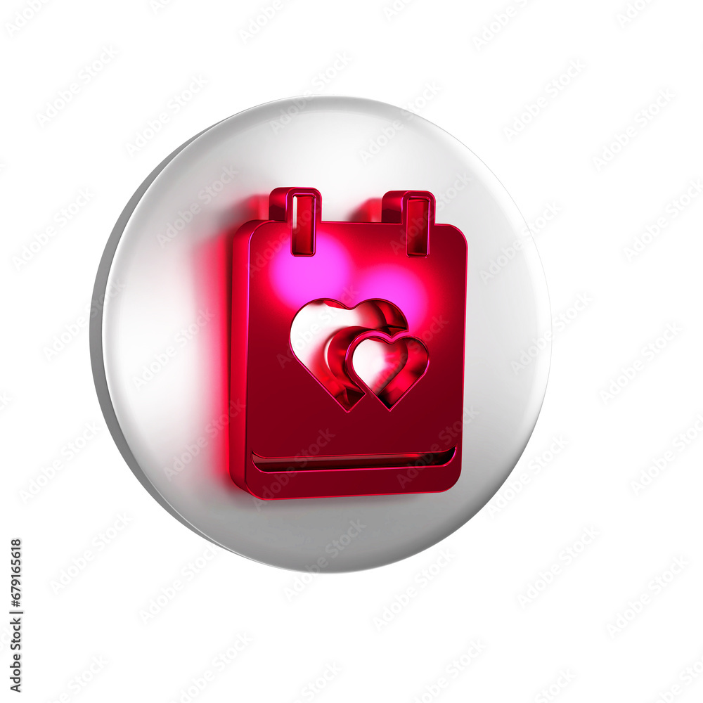 Red Calendar with heart icon isolated on transparent background. Valentines day. Love symbol. February 14. Silver circle button. Red Calendar with heart icon isolated on transparent background. Valentines day. Love symbol. February 14. Silver circle button.