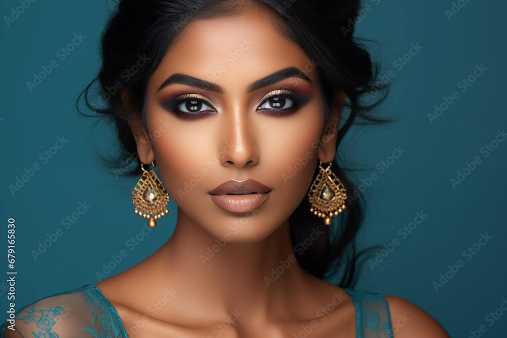 Beautiful Indian woman with brown lips and brown eye shadow. Close up portrait on blue background