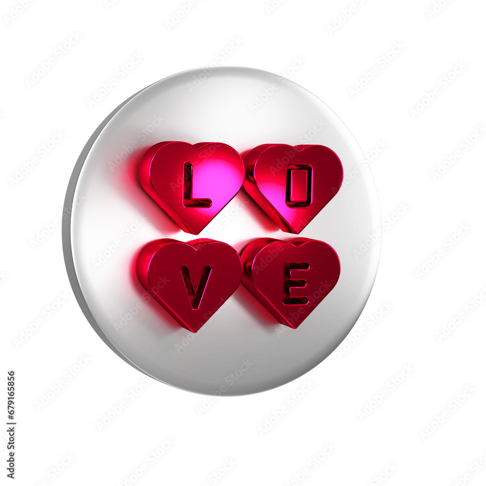 Red Love text icon isolated on transparent background. Valentines day greeting card template. Silver circle button. Red Love text icon isolated on transparent background. Valentines day greeting card template. Silver circle button.