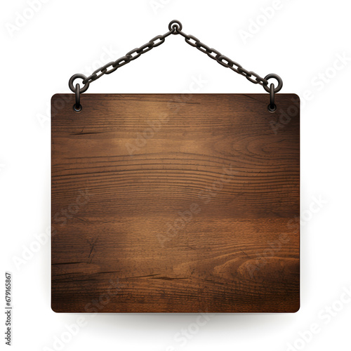 Wooden sign hanging on a chain isolated on white background. photo