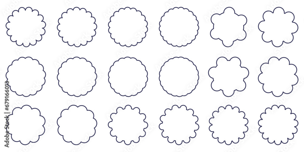 Collection of Scallop black outline frame. Line Sale tags. Discount badge and labels, starbust price stickers. Vector illustration set Collection of Scallop black outline frame. Line Sale tags. Discount badge and labels, starbust price stickers. Vector illustration set