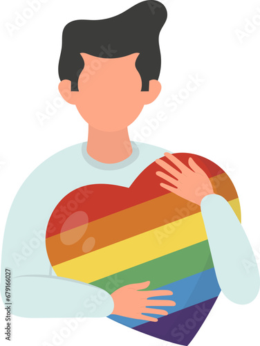 LGBTQ PRIDE. The guy holds a rainbow-colored heart and supports LGBT plus rights and movements. Vector illustration
