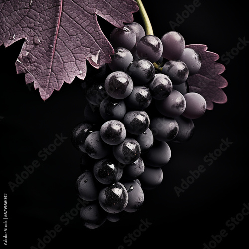 fotografia en blanco y negro con detalle de racimo de uvas con gotas de frescor,y tono purpura acentuado photo