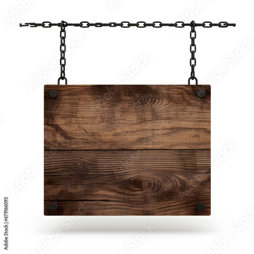 Wooden sign hanging on a chain isolated on white background.