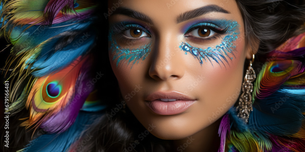 Close-up portrait of beautiful young woman with bright make-up and multicolored feathers.