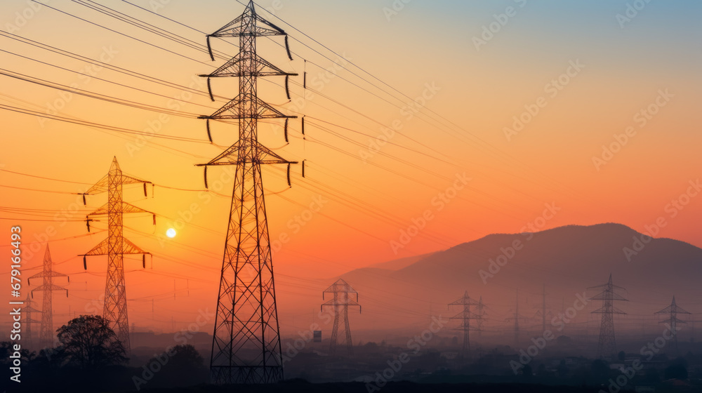 High voltage power lines at sunset.