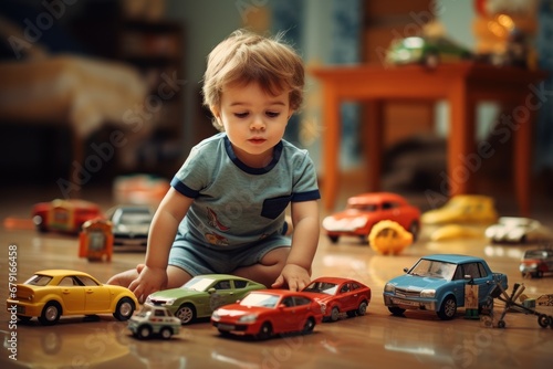 little child playing with toy car