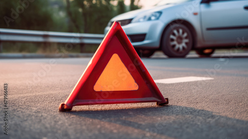 warning triangle on the road, A close up of a red emergency triangle on the road in front of a car after an accident