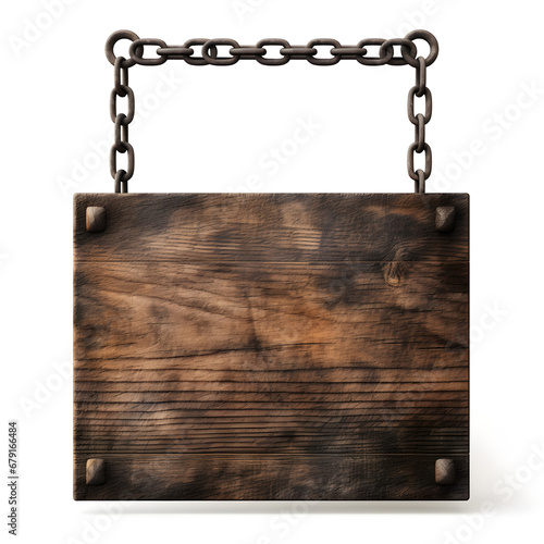 wooden sign on a chain, Wooden sign hanging on a chain isolated on white background.