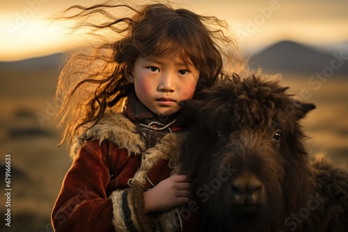 young mongolian girl in traditional clothes standing outdoors