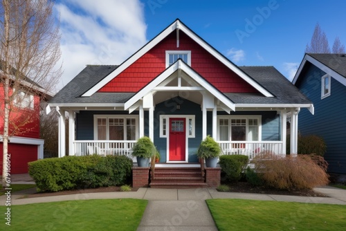 craftsman house with white trim central gable, red main door © Alfazet Chronicles