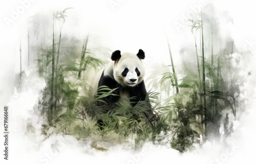 Panda in the forest. Watercolor painting on white background