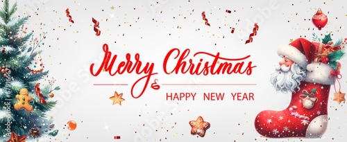 Christmas banner. Xmas background objects viewed from above. Calligraphy text Merry Christmas and Happy New Year. photo