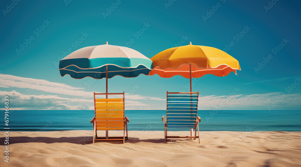 Two beach chairs under an umbrella on a sandy beach, with a turquoise ocean and palm trees in the background. Perfect for summer vacation and relaxation.