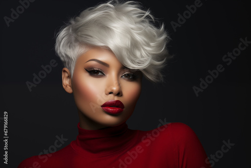 A beautiful African American woman with a short platinum curly haircut with red lips and make up