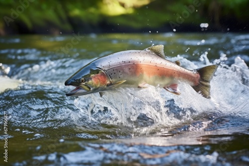 salmon leaping upstream in a river