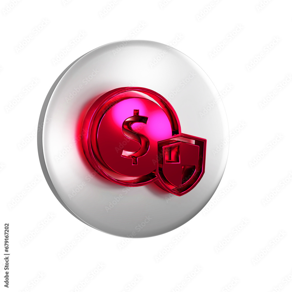 Red Money with shield icon isolated on transparent background. Insurance concept. Security, safety, protection, protect concept. Silver circle button. Red Money with shield icon isolated on transparent background. Insurance concept. Security, safety, protection, protect concept. Silver circle button.
