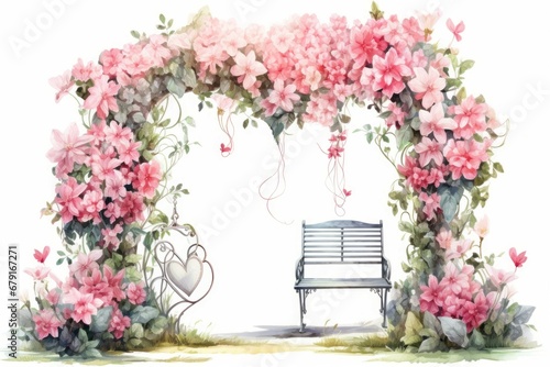 Drawing of a heart-shaped arch made of flowers. Backdrop with selective focus and copy space for the inscription
