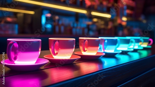 Neon-lit coffee cups in an artistic arrangement, adding a caffeinated charm to the restaurant's interior design.