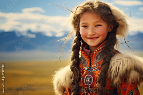 young mongolian girl in traditional clothes standing outdoors photo