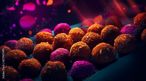 Neon-lit falafel balls on a textured surface, the warm colors highlighting the Middle Eastern culinary delight.