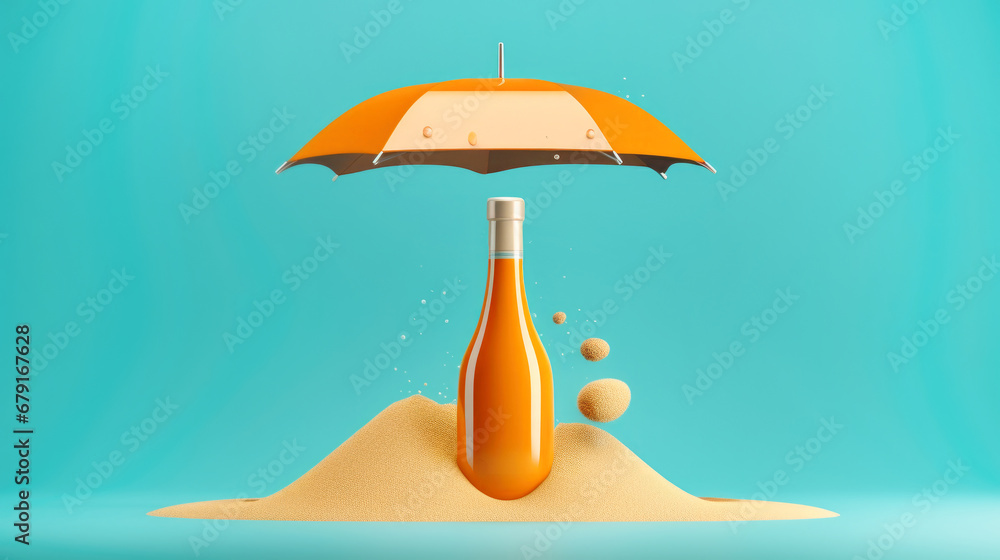 Alcohol awareness month or dry january. Staying dry, orange bottle on a sand under an umbrella. Alcohol Free challenge. No alcohol month creative concept. Copy space, banner - obrazy, fototapety, plakaty 