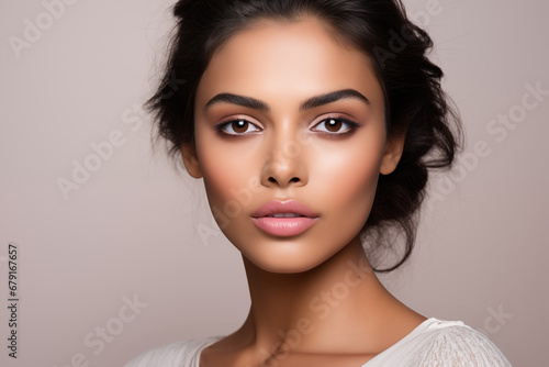 Beautiful Indian woman with pastel pink lips and brown eye shadow on the light brown background