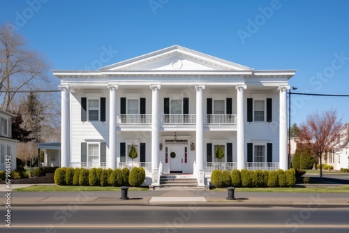 wide shot of a greek revival building with white columns