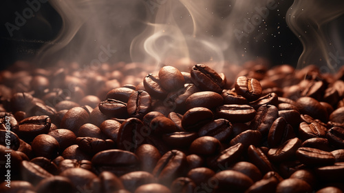Close-up of hot coffee beans with smoke coming out. photo