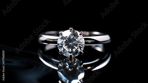A diamond ring on a black background reflects luxury.