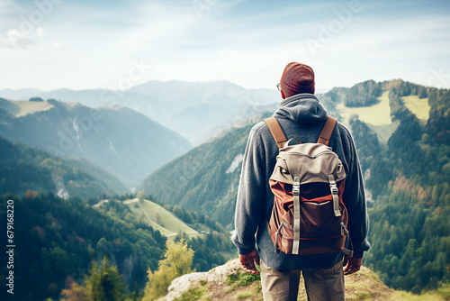 Mature hiker wearing sporty clothes with backpack behind shoulders observing beautiful view in mountains, rear view photo