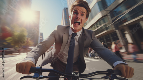 A businessman going to work on a bicycle looks startled by the speed of a bicycle during rush hour on a city street. photo