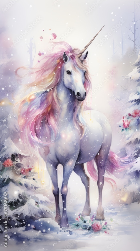 Magical winter forest with Unicorn, snow covered trees, watercolor illustration