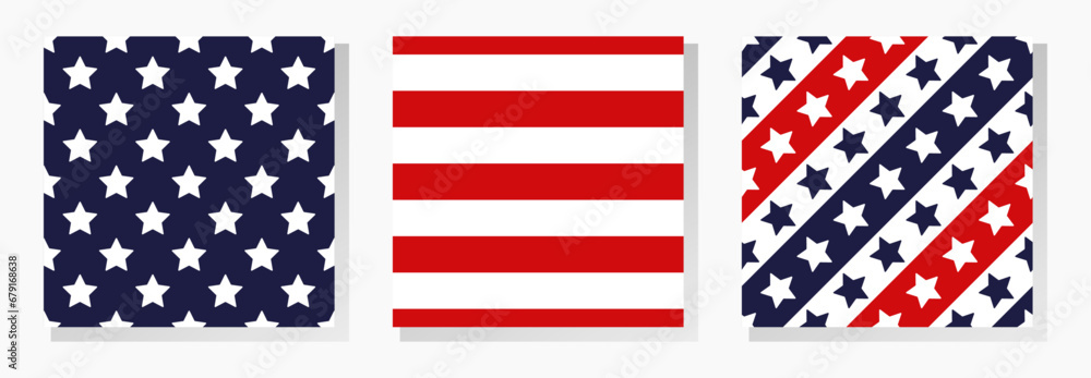 American vector seamless patterns collection. Classic stars and stripes ornaments in blue, red and white colors. Best for textile, festive decorations, wallpapers, wrapping paper and your design. American vector seamless patterns collection. Classic stars and stripes ornaments in blue, red and white colors. Best for textile, festive decorations, wallpapers, wrapping paper and your design.