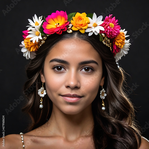 Artistic portrait of Mexican Spanish girl with flowers on green background. Spanish culture, national Hispanic Heritage Month3