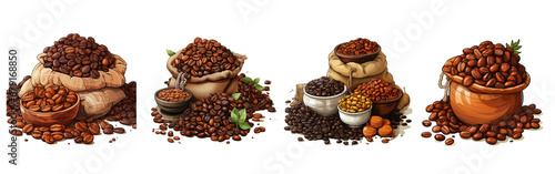 Coffee beans and coffee brewing set, watercolor coffee drinks on white background.