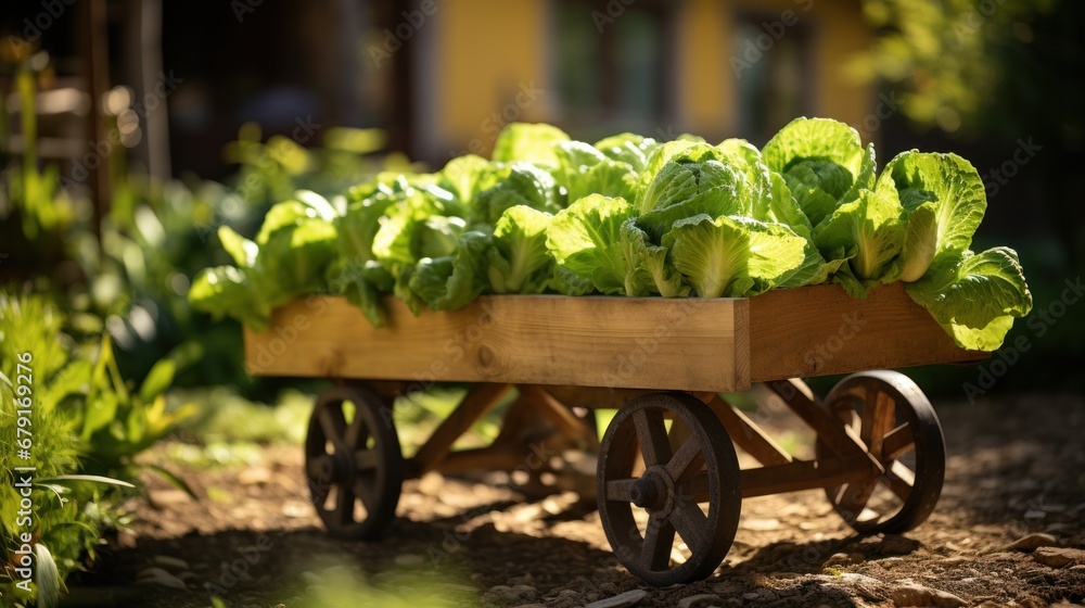 wooden cart with pneumatic wheels full of lettuce in an organic garden.