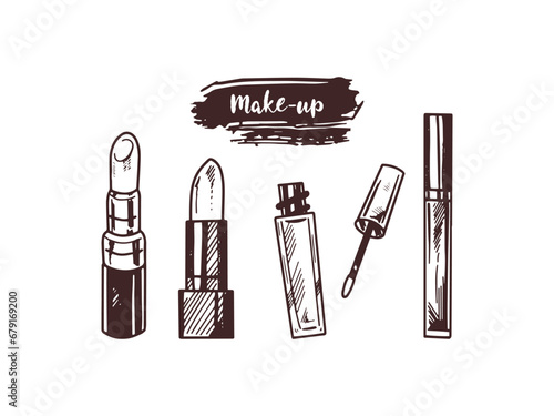 A set of hand-drawn doodle sketches of different types of lipsticks.  Illustration for beauty salon, cosmetic store, makeup design. Engraved image.