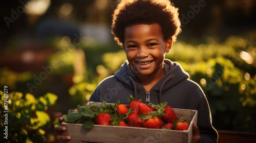 an african american boy holds a wooden box full of strawberries in an organic strawberry garden